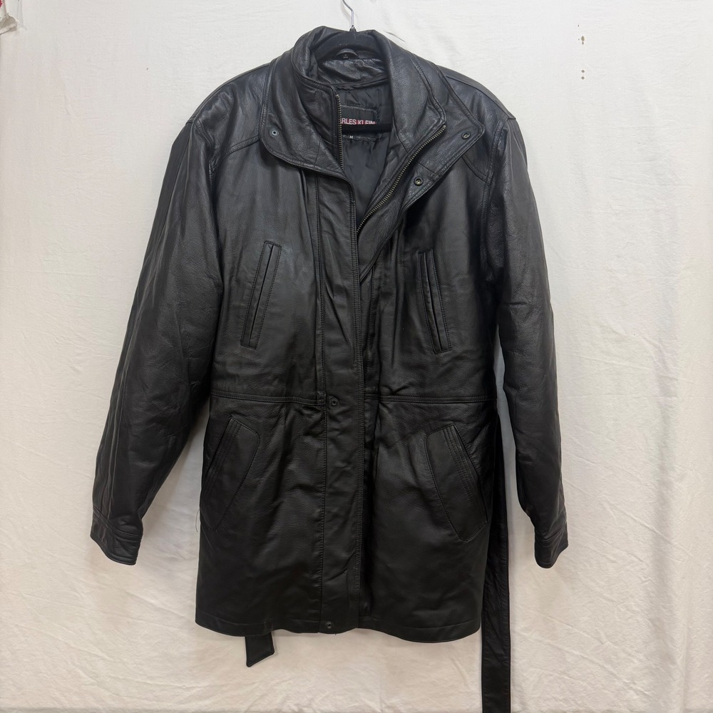 Charles Klein Mens Black Genuine Leather Trench Coat Mid Length Jacket Size M